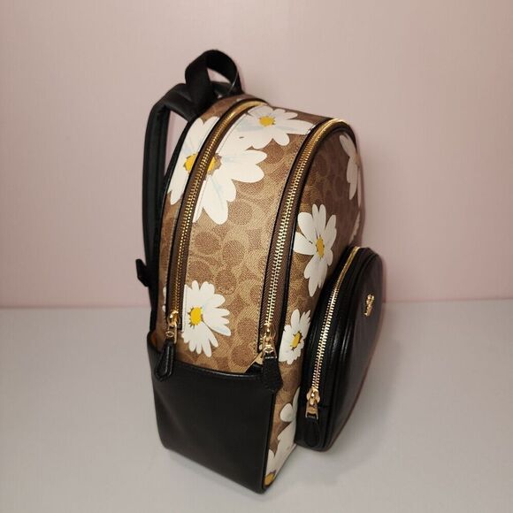 NWT Coach CZ599 Court Tan Floral Print Signature Coated Canvas Leather Backpack - Picture 4 of 5